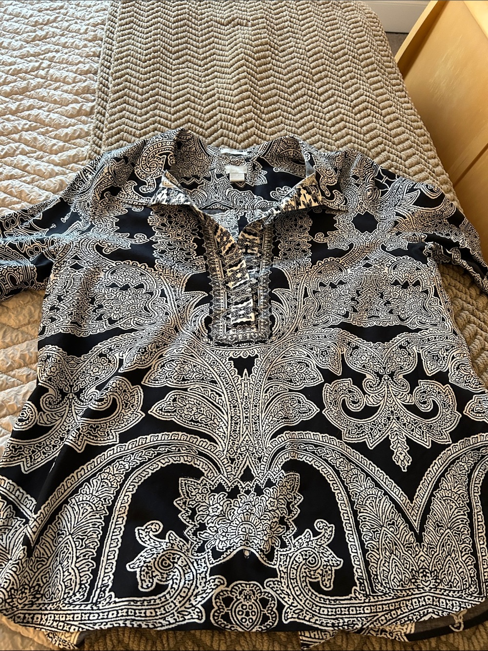 Chico's Black and White Paisley 1/4 Button-Up.